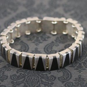 RARE Vntg Taxco Mexico Signed J COMES Heavy Inlaid Onyx Sterling Bracelet 41.7g